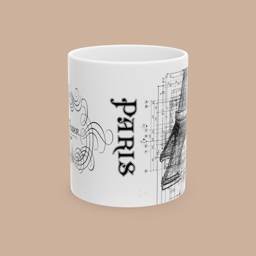 Eiffel Tower Blueprint Ceramic Mug Parisian Coffee Cup, Paris Souvenir, Architectural Gift, Traveler's Tea Mug,Teacher Mug Gift,Engineer Mug
